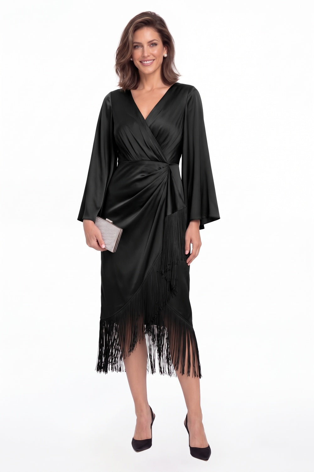 Black V-Neck Fringe Ruched Satin Midi Dress - Front View