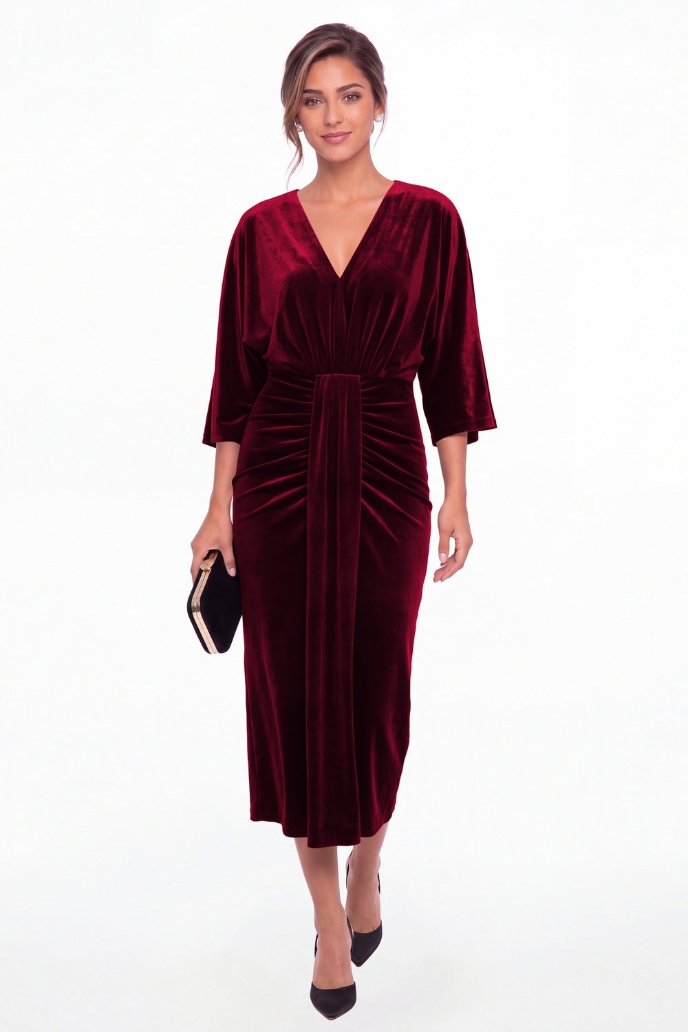 Wine Red V-Neck Tie Ruched Velvet Midi Dress - Front View