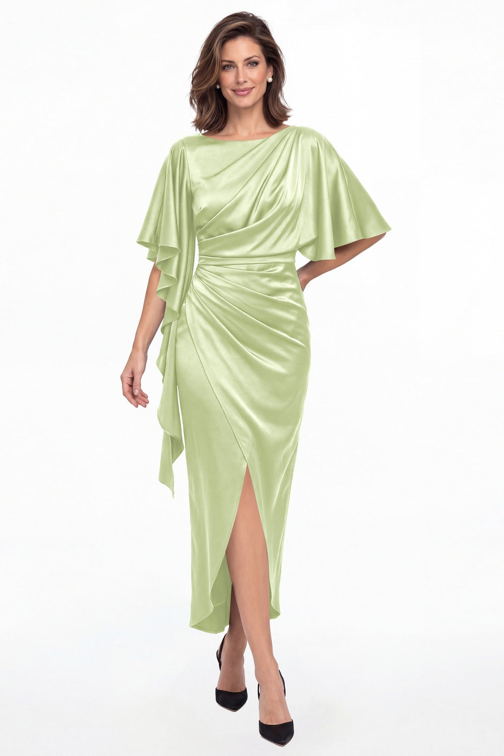 Sage Green Asymmetrical Flutter Sleeve Ruched Satin Midi Dress - Front View