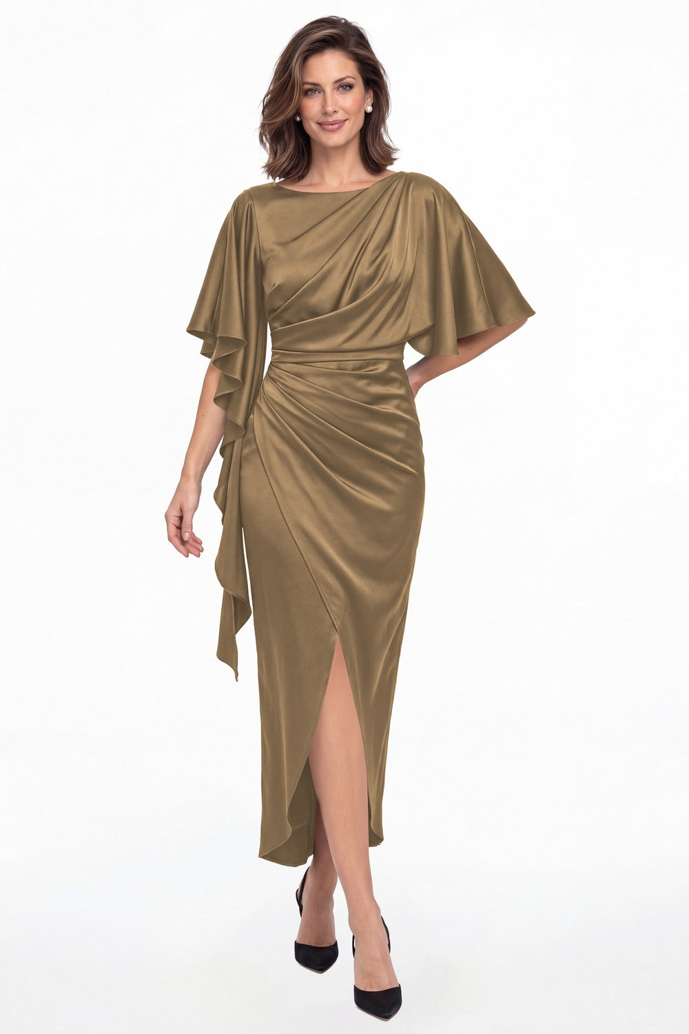 Taupe Asymmetrical Flutter Sleeve Ruched Satin Midi Dress - Front View