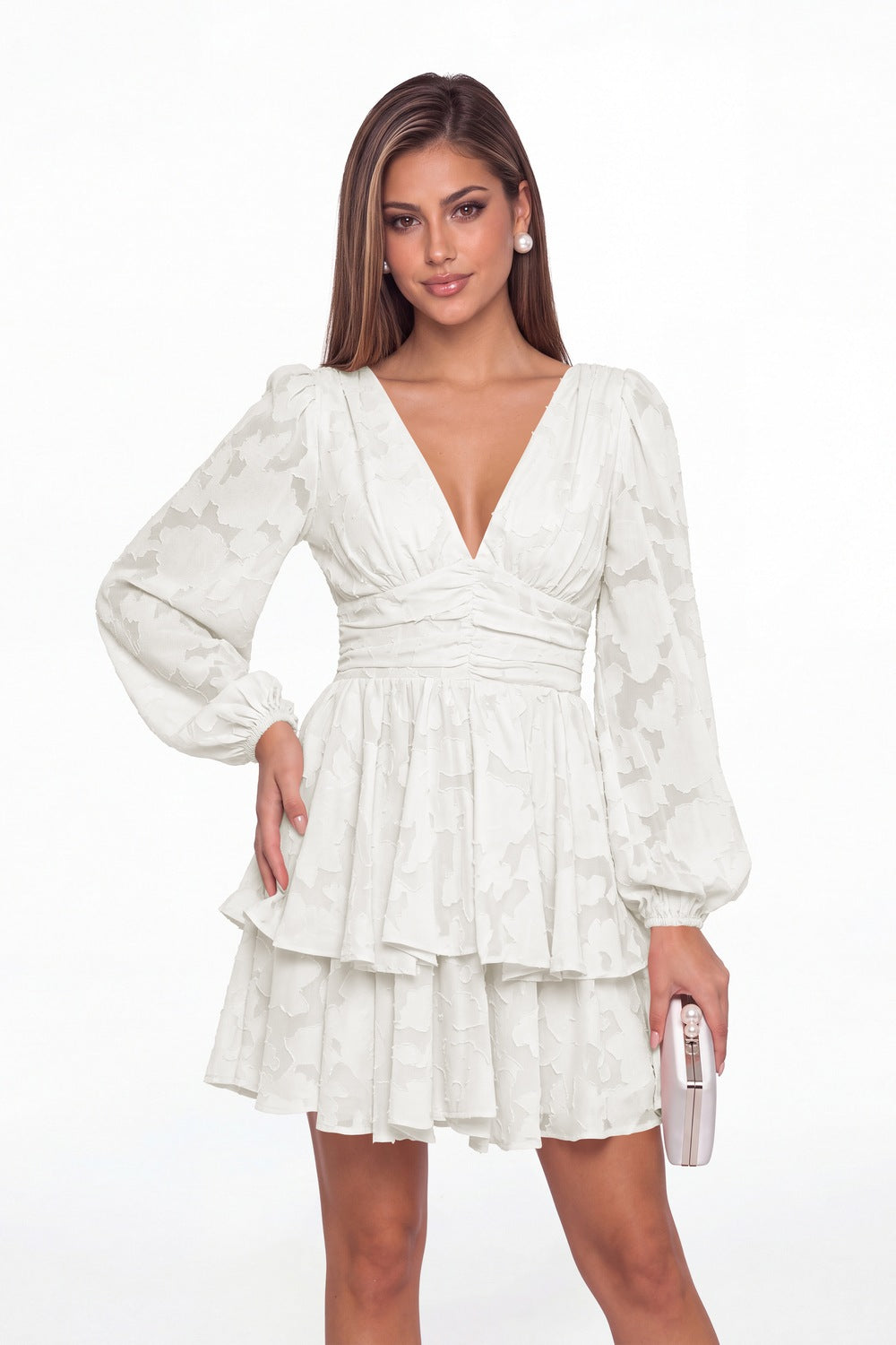 White Floral Burnout V-Neck Long Sleeve Tiered Mini Homecoming Dress - Front View