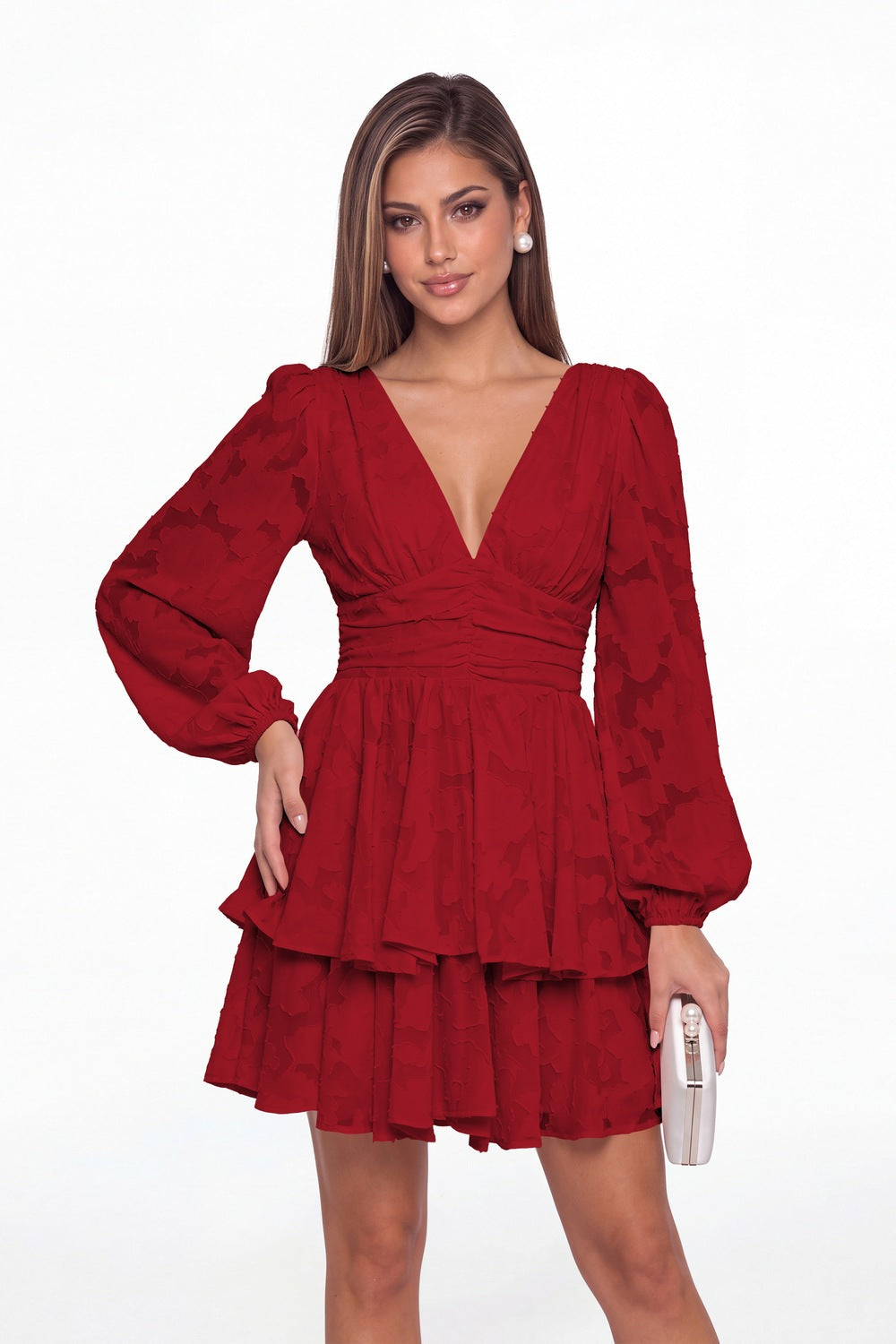 Wine Red Floral Burnout V-Neck Long Sleeve Tiered Mini Homecoming Dress - Front View