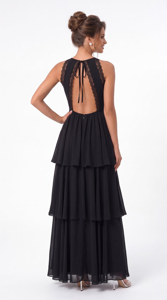 Scoop Neck Lace Tiered Chiffon Maxi Dress - Back View