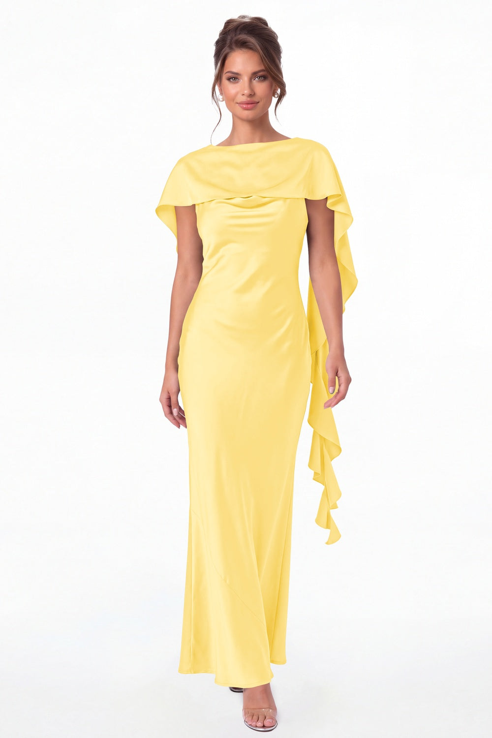 Yellow Spaghetti Strap Cowl Neck Satin Ruffle Maxi Gown - Front View