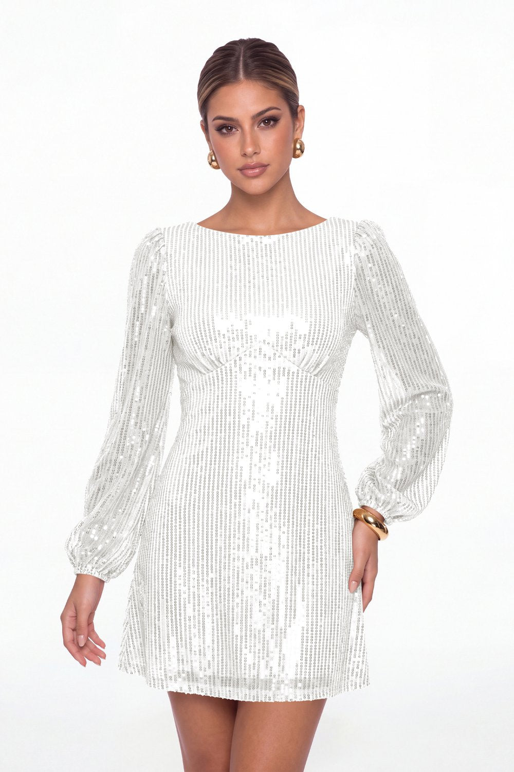 White Scoop Neck Long Sleeve Sequin Mini Dress - Front View