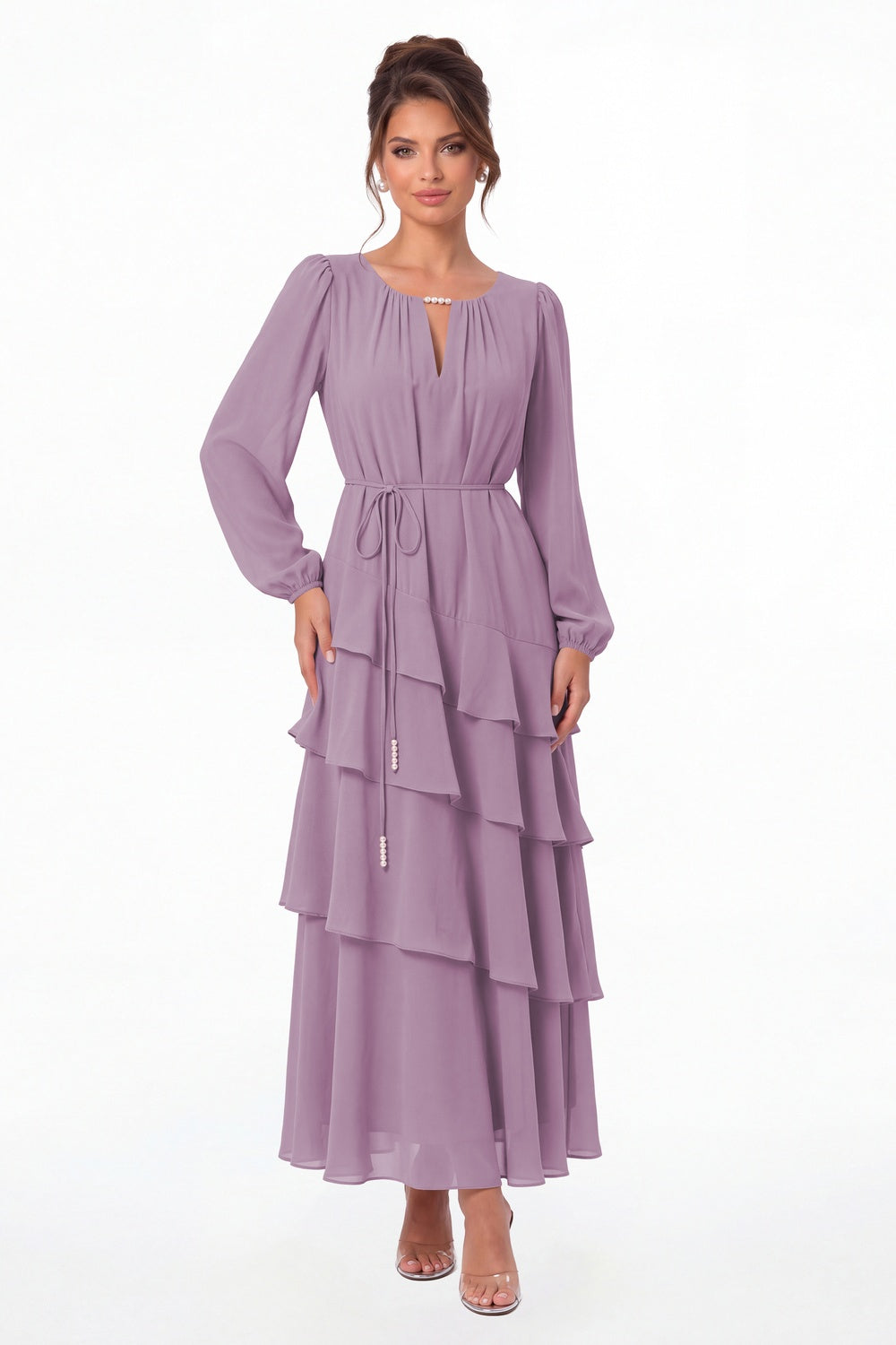 Wisteria V-Neck Long Sleeve Tiered Ruffle Chiffon Maxi Gown - Front View