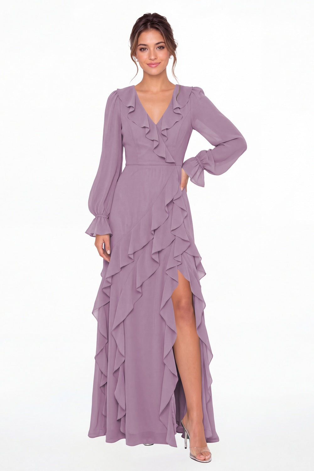 Wisteria V-Neck Long Sleeve Ruffle Chiffon Slit Maxi Gown - Front View