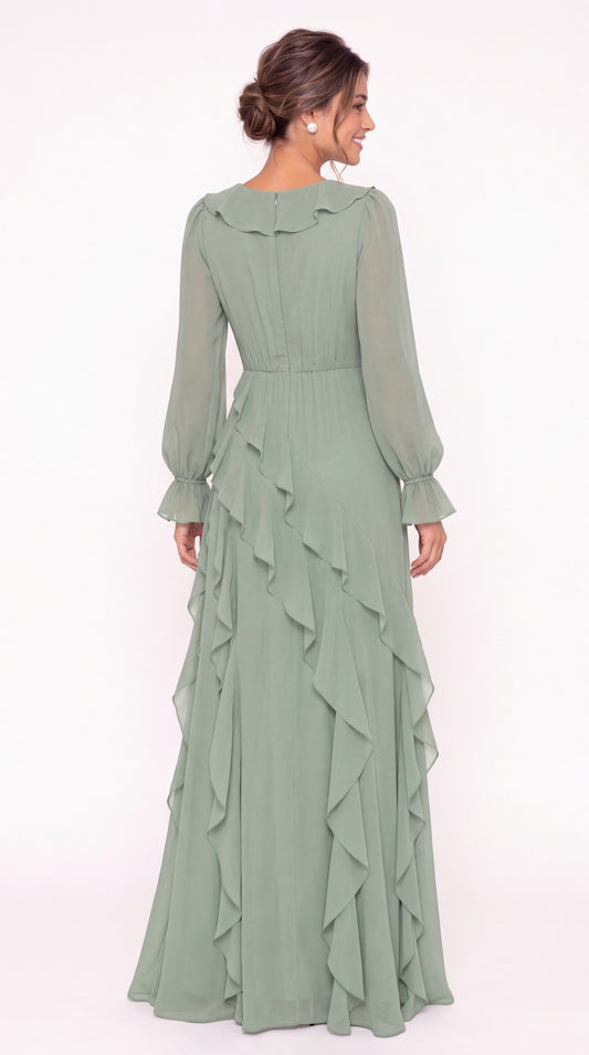 V-Neck Long Sleeve Ruffle Chiffon Slit Maxi Gown - Back View