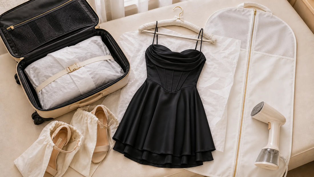 Black sweetheart corset tiered satin mini homecoming dress packed for travel