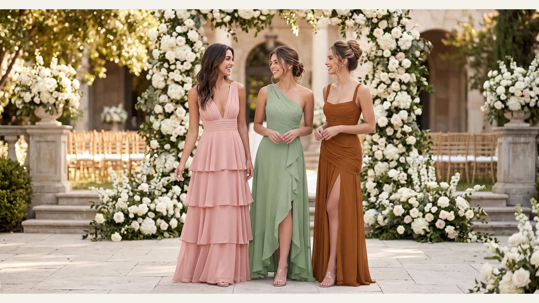 Three bridesmaids in Dusty Rose, Sage Green, and Burnt Orange dresses at a garden wedding