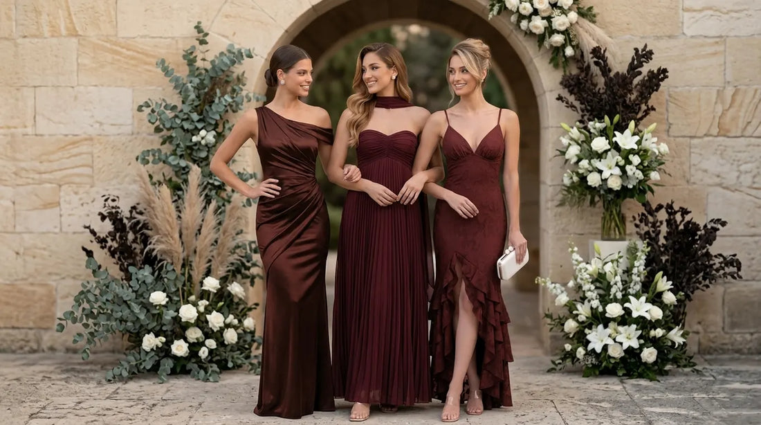 Three bridesmaids in coordinated burgundy formal dresses at a stone garden wedding venue