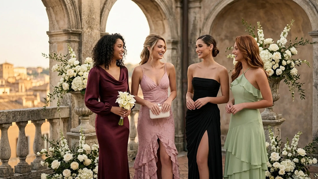 Four destination wedding guests in elegant dresses at a Mediterranean stone venue