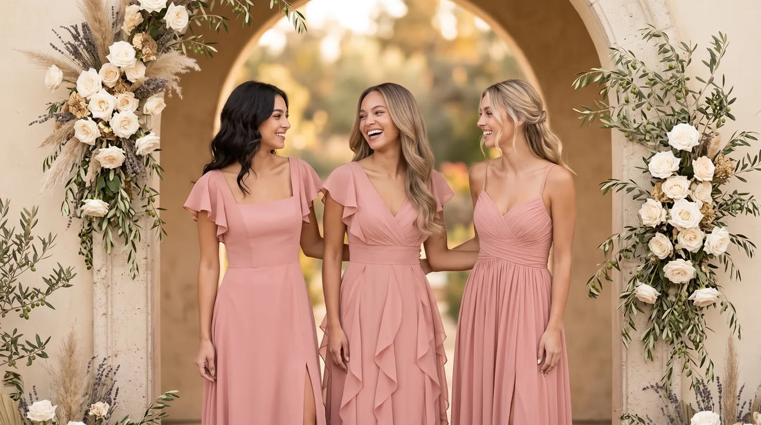 Three bridesmaids in dusty rose chiffon dresses posing beneath a floral stone arch