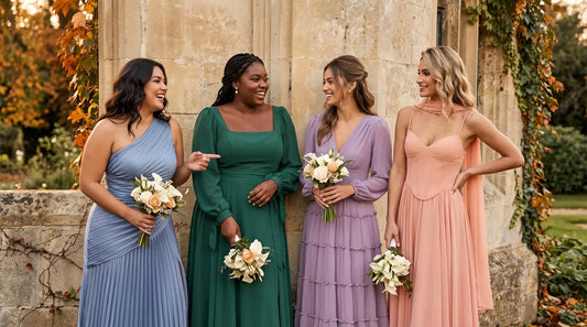Four bridesmaids in fall wedding dresses beside a stone manor with autumn foliage