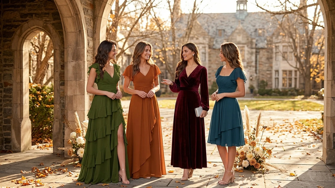 Four bridesmaids in olive green, burnt orange, burgundy and teal dresses at an autumn wedding venue