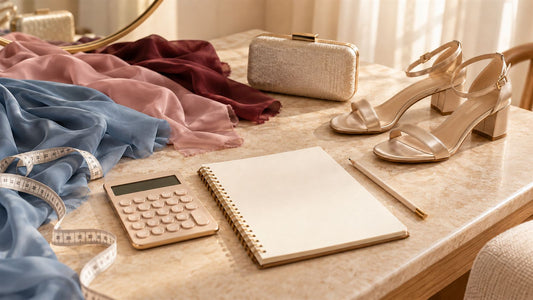 Bridesmaid budget planning with Dusty Blue, Dusty Rose and Burgundy fabric swatches, shoes, clutch, calculator and notebook