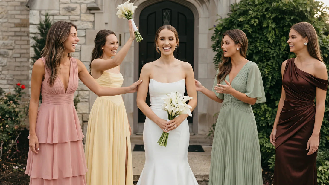 Bride with bridesmaids in Dusty Rose, Butter Yellow, Sage Green, and Burgundy dresses outside a wedding venue
