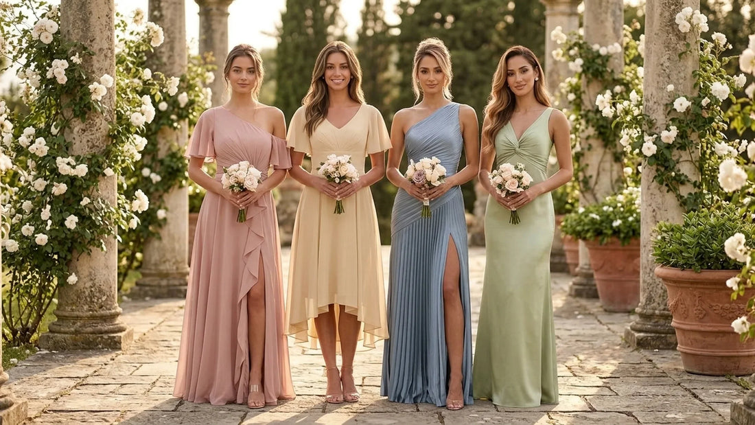 Four bridesmaids in dusty rose, champagne, dusty blue and sage green dresses at a garden wedding
