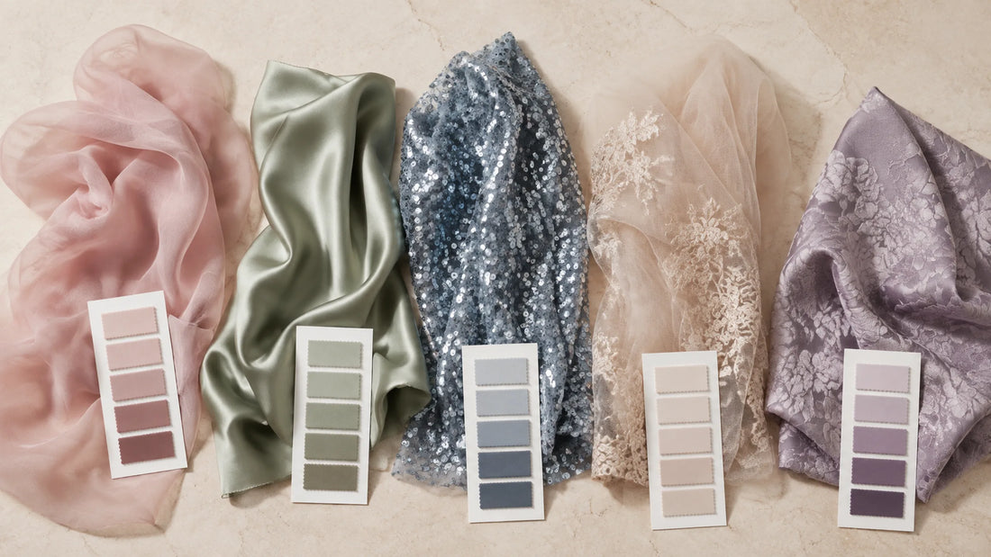 INEWER formal dress fabric color guide with chiffon, satin, sequins, tulle lace and jacquard swatches