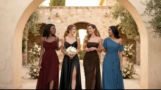 Four women in evening wedding guest dresses beneath a stone arch
