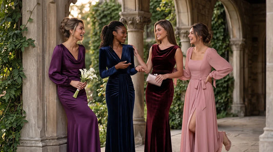 Four women wearing INEWER fall and winter occasion dresses at a stone archway