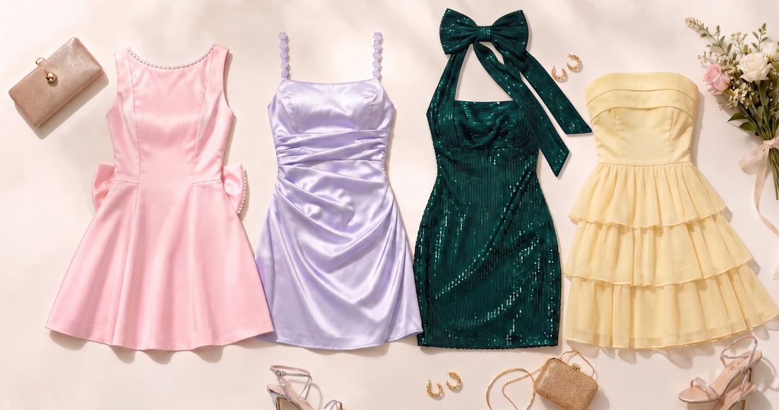 Four short homecoming dresses in pink, lilac, green sequin, and yellow chiffon, styled with elegant clutches and heels, illustrating versatile ways to rewear formalwear for graduations, birthday dinners, and holiday parties