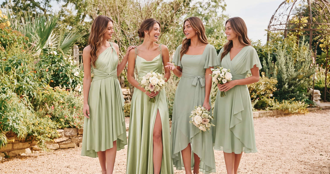 Four bridesmaids wearing mix-and-match sage green INEWER dresses in a garden
