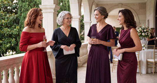Four women in Red, Black, Plum and Burgundy INEWER satin dresses at a wedding reception on a stone terrace