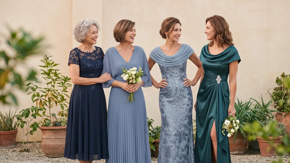 Four women wearing navy, steel blue and teal mother of the bride dresses with wedding accessories at a garden venue