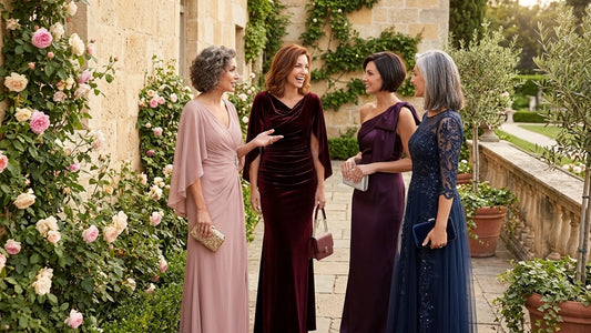 Four women wearing plum satin, dusty blue chiffon, dusty rose chiffon and burgundy velvet mother of the bride dresses at a garden wedding venue