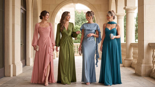 Four women in Dusty Rose, Olive Green, Dusty Blue and Teal INEWER gowns carrying evening bags in a stone arcade