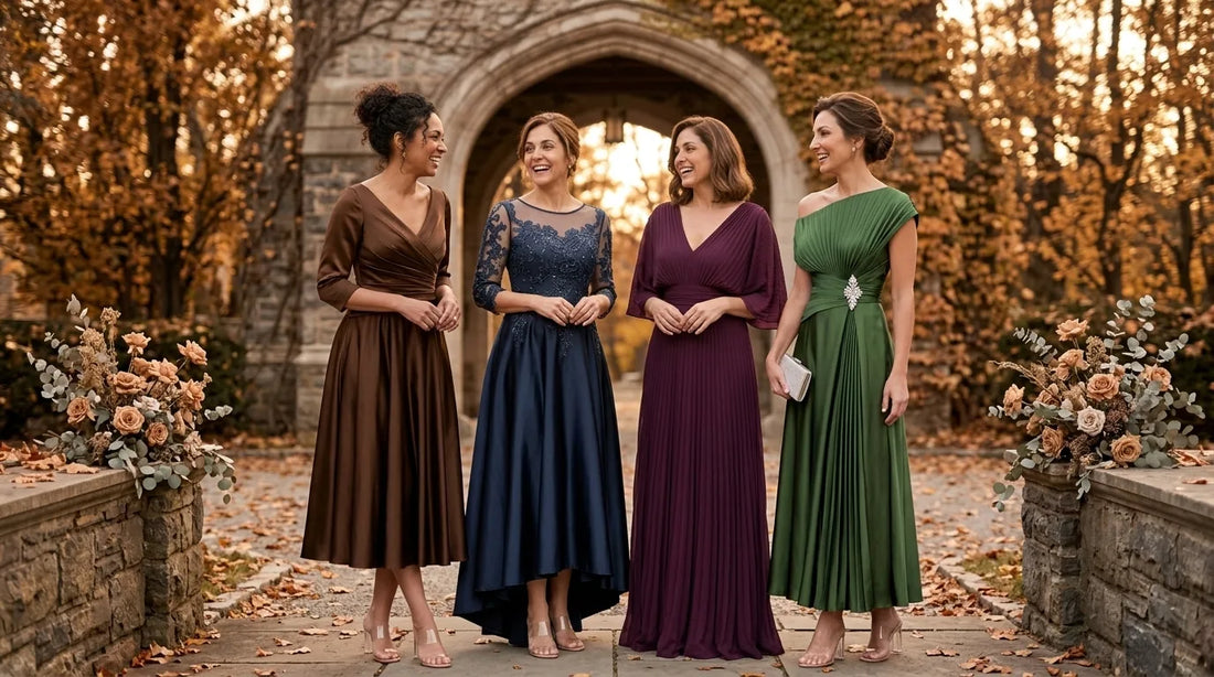 Four mothers of the bride wearing midi, high-low and maxi dresses at an autumn wedding venue