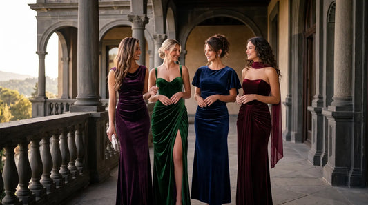 Four women in plum, emerald, navy and burgundy velvet gowns at a formal evening venue