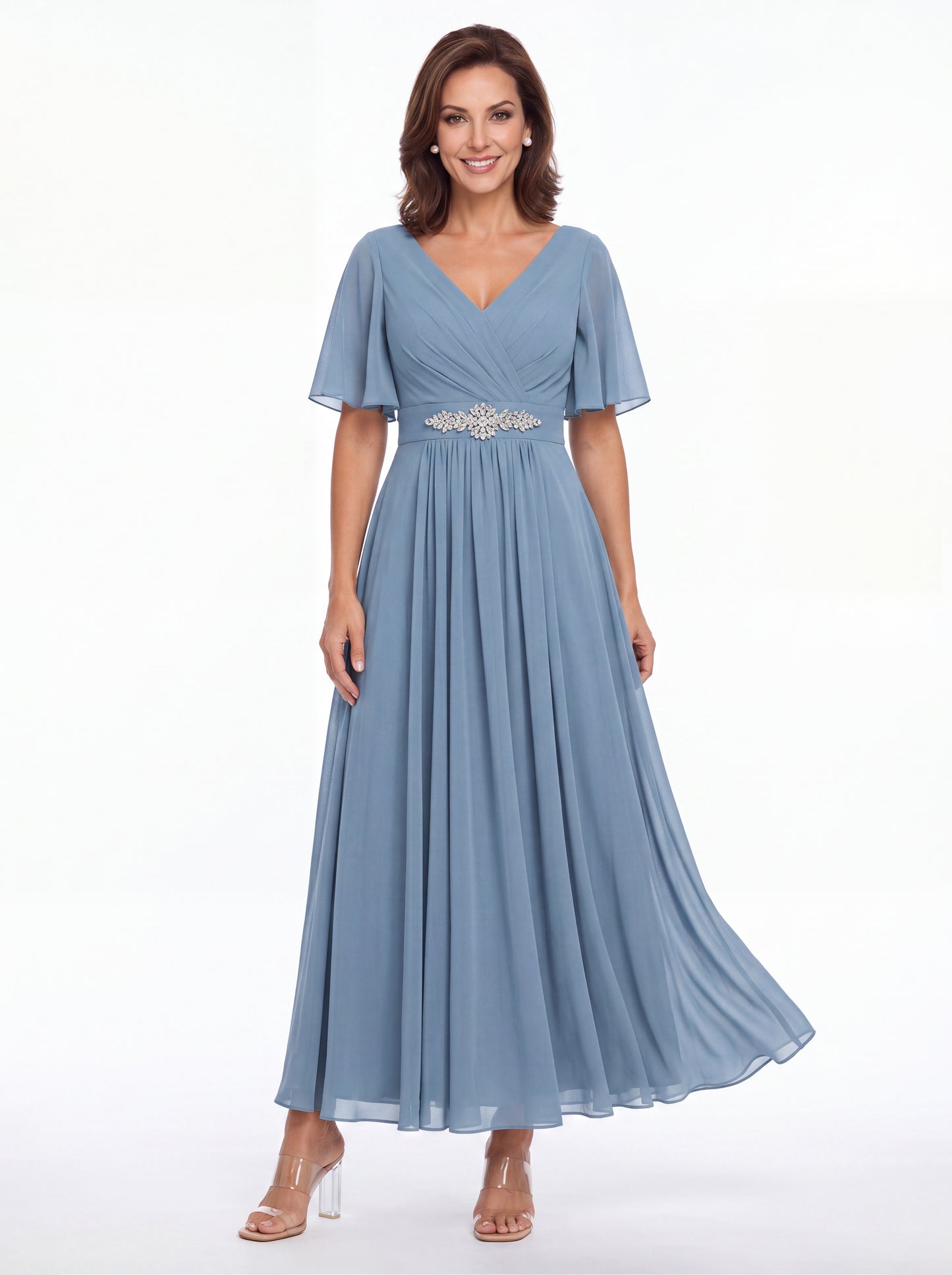 V-Neck Flutter Sleeve Chiffon A-Line Maxi Gown - Back View