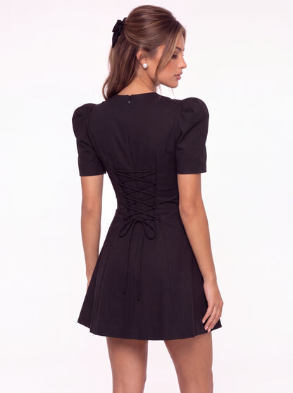 Puff Sleeve Bow Ruched Satin Mini Homecoming Dress - Back View