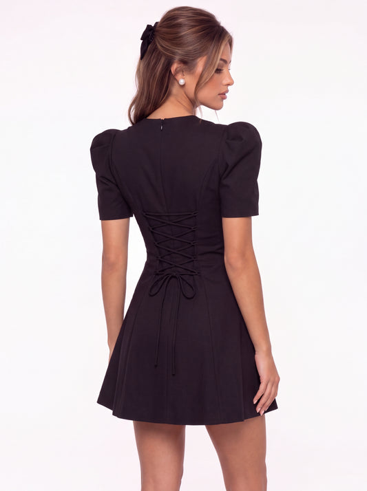 Puff Sleeve Bow Ruched Satin Mini Homecoming Dress - Back View