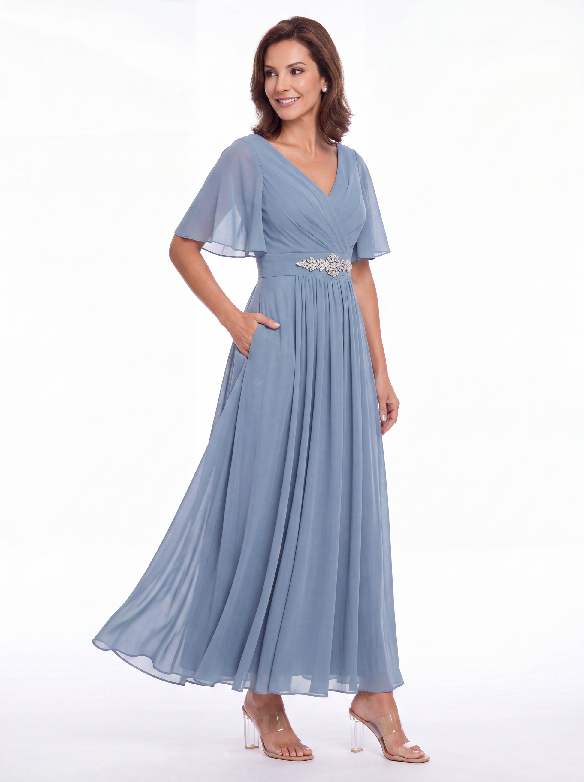V-Neck Flutter Sleeve Chiffon A-Line Maxi Gown - Detail View 4