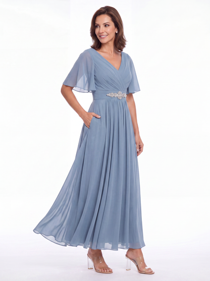 V-Neck Flutter Sleeve Chiffon A-Line Maxi Gown - Detail View 4