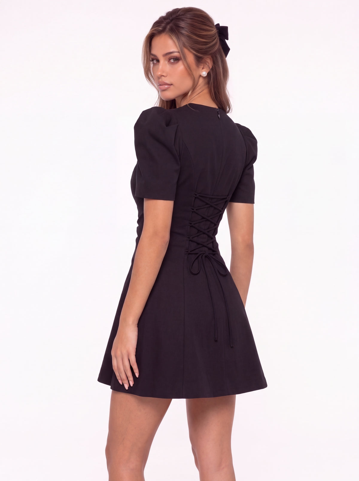 Puff Sleeve Bow Ruched Satin Mini Homecoming Dress - Detail View 4
