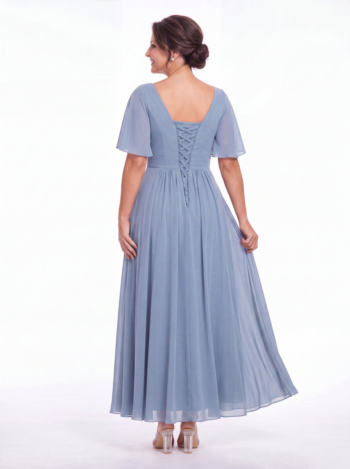V-Neck Flutter Sleeve Chiffon A-Line Maxi Gown - Detail View 5