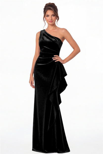 Black One-Shoulder Velvet Ruched Ruffle Maxi Gown - Front View