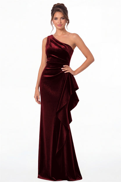 Burgundy One-Shoulder Velvet Ruched Ruffle Maxi Gown - Front View
