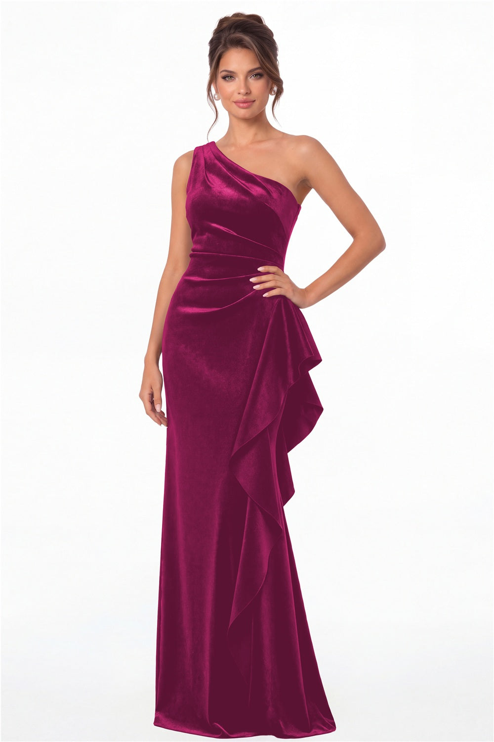 Fuchsia One-Shoulder Velvet Ruched Ruffle Maxi Gown - Front View