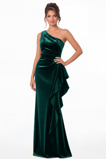 Peacock One-Shoulder Velvet Ruched Ruffle Maxi Gown - Front View