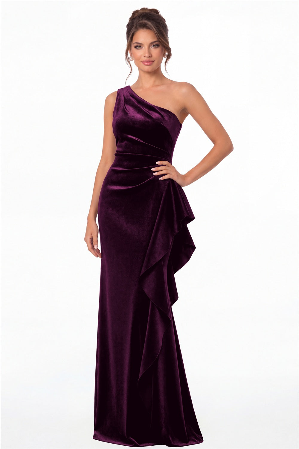Purple One-Shoulder Velvet Ruched Ruffle Maxi Gown - Front View