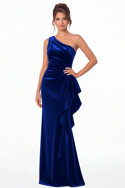 Royal Blue One-Shoulder Velvet Ruched Ruffle Maxi Gown - Front View