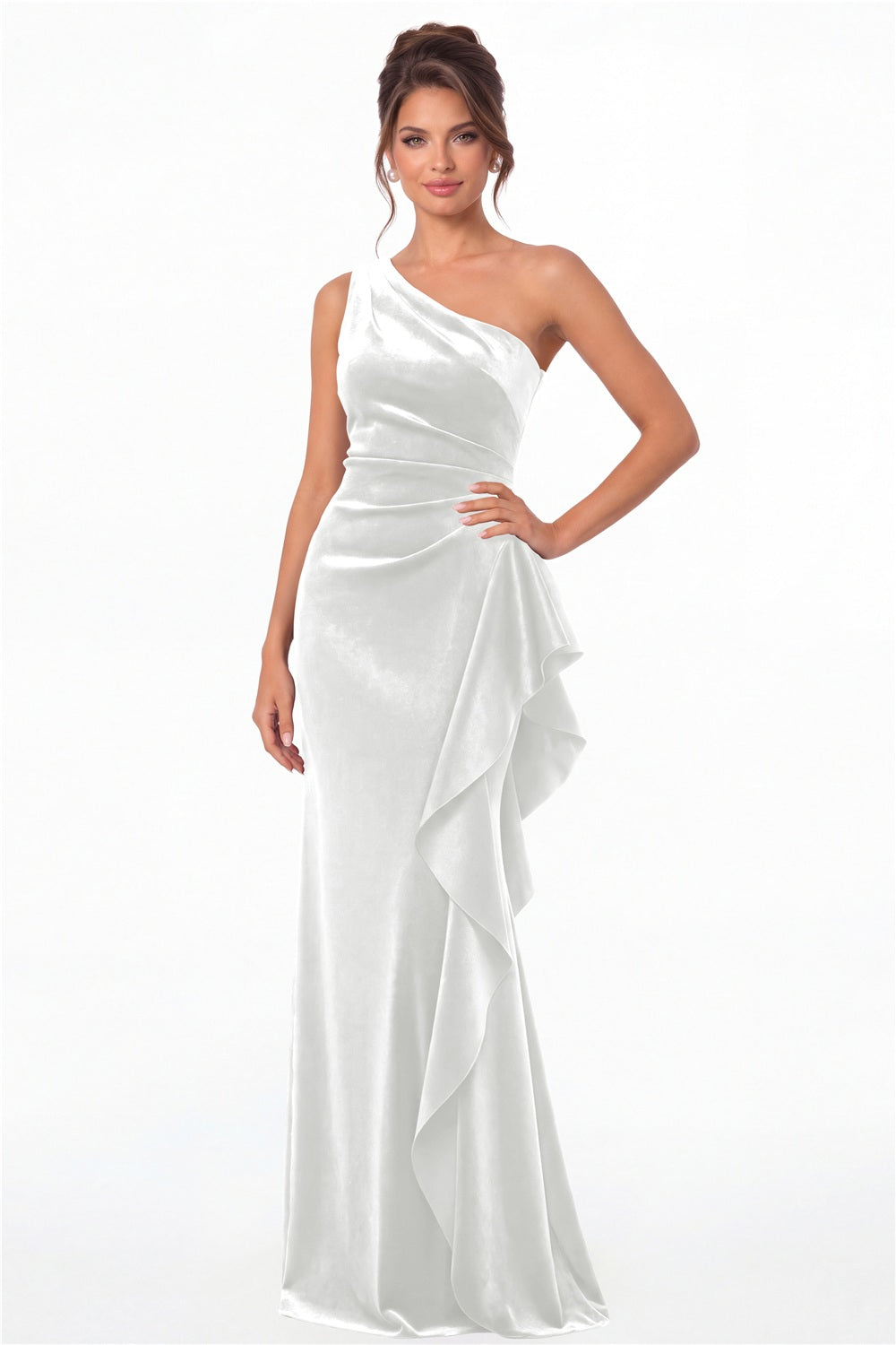 White One-Shoulder Velvet Ruched Ruffle Maxi Gown - Front View