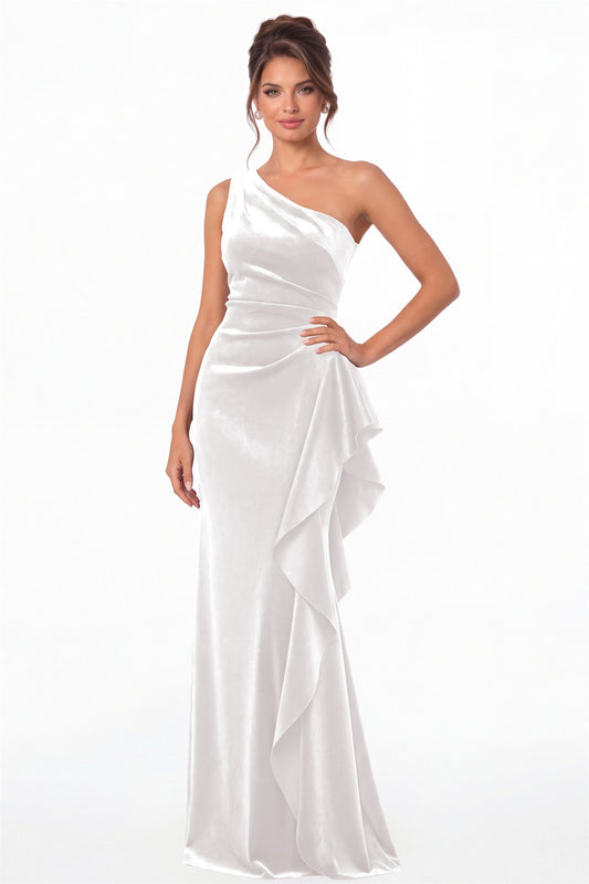 White One-Shoulder Velvet Ruched Ruffle Maxi Gown - Front View