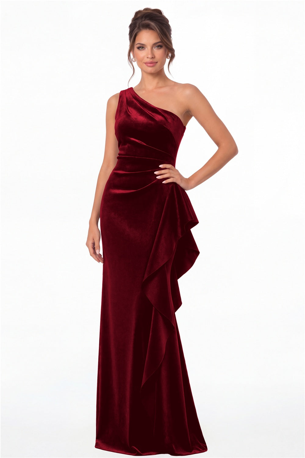 Wine Red One-Shoulder Velvet Ruched Ruffle Maxi Gown - Front View