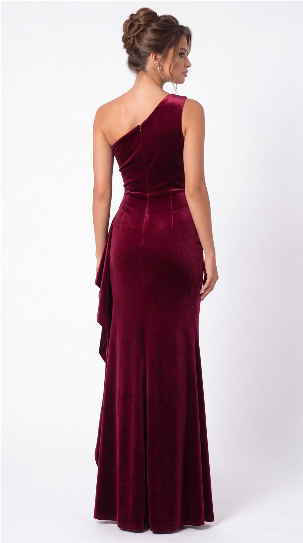 One-Shoulder Velvet Ruched Ruffle Maxi Gown - Back View